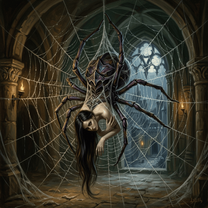 Giant spider-like creature holding a woman in a web-covered gothic cathedral